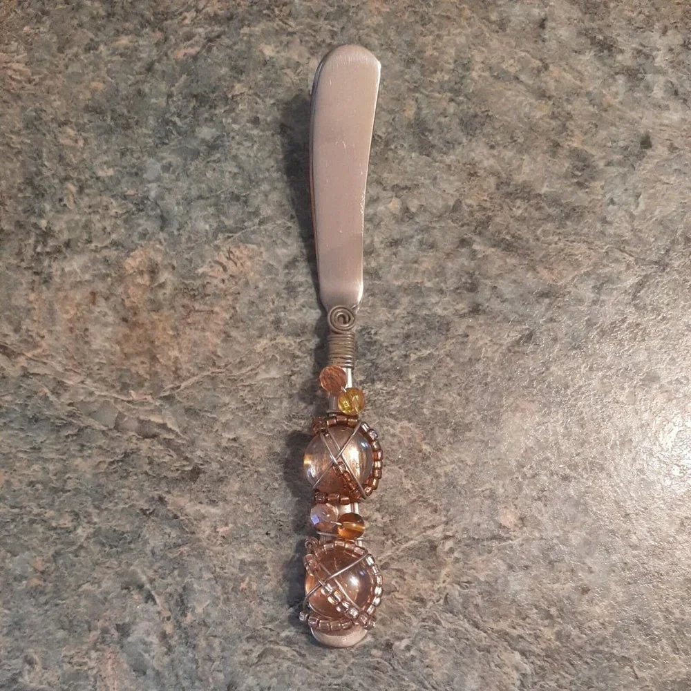 2 Jeweled Beaded Wire Hors d'Oeuvre Utensil Knife Fork Stainless Appetizer Amber